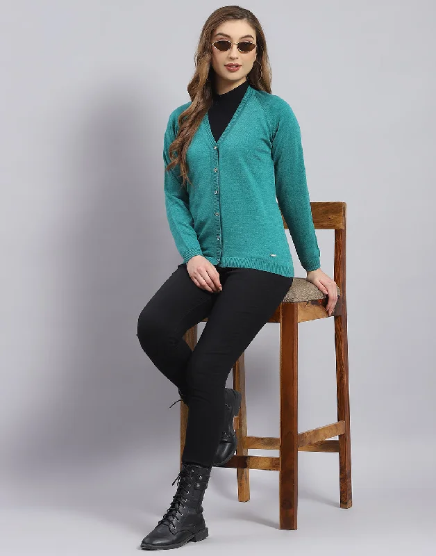 Women Turquoise Blue Solid V Neck Full Sleeve Sweater