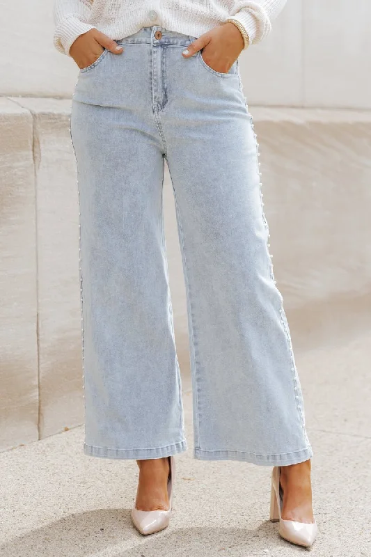 Light Wash Pearl Detail Cropped Jeans