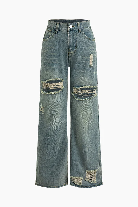 Retro Print Washed Ripped Asymmetrical Jeans